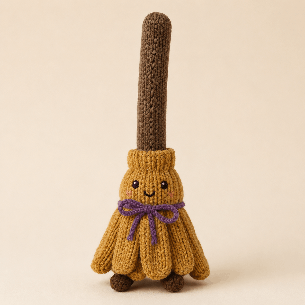 Finished Mabel character from the knitted broom pattern, with mustard bristles, brown handle, small feet and purple bow.