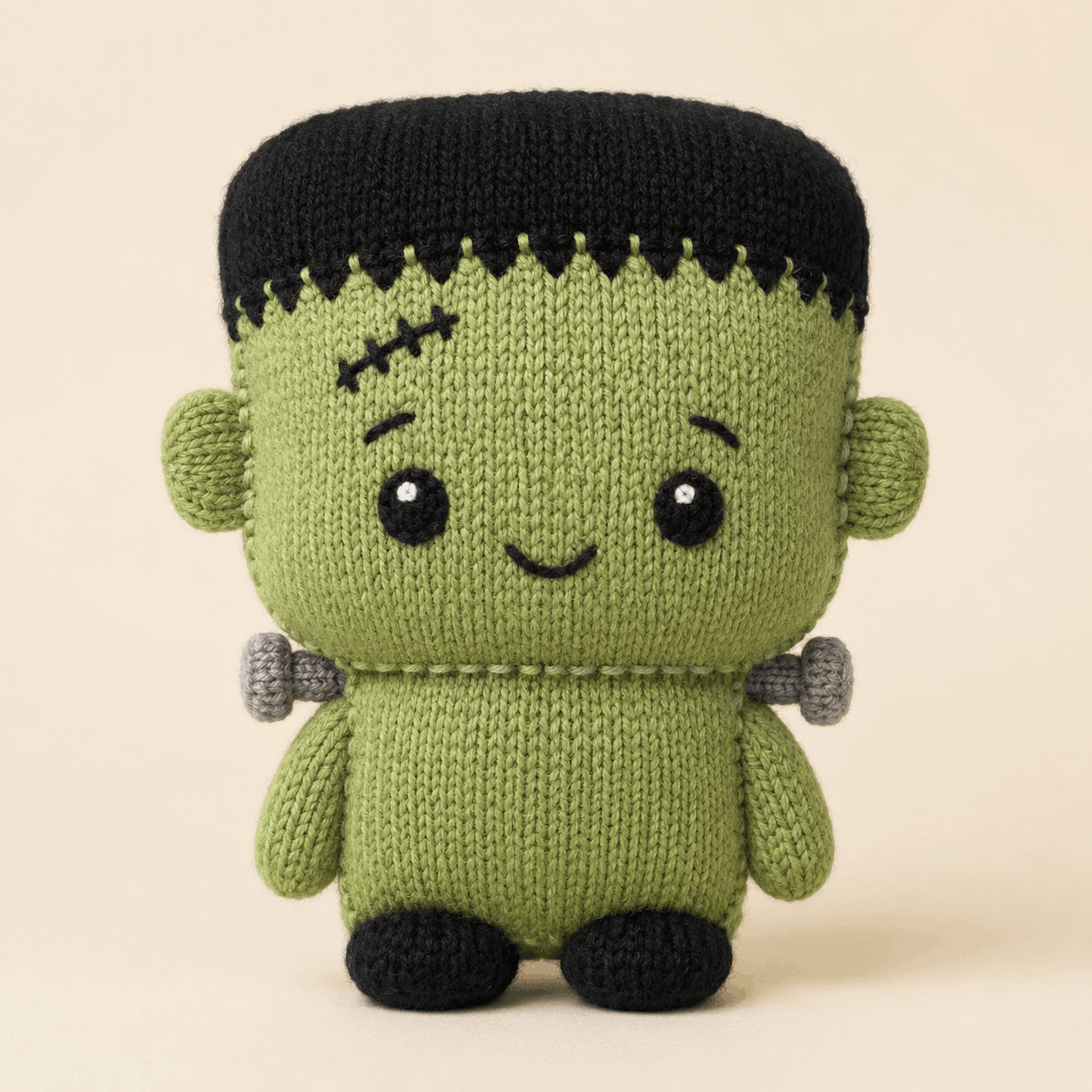 Green Frankie plushie from the monster knitting pattern, with a square head, black hair, embroidered face, grey neck bolts and black feet.