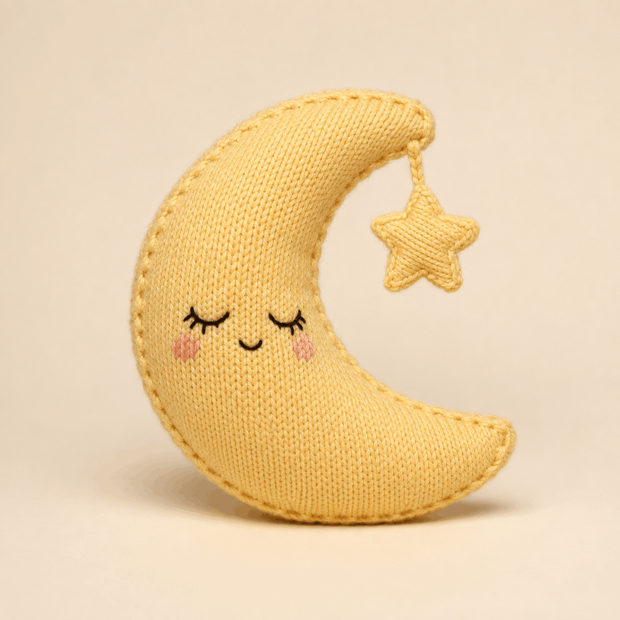 Golden knitted Celeste plush made from a crescent moon knitting pattern, with a sleepy face and dangling star.
