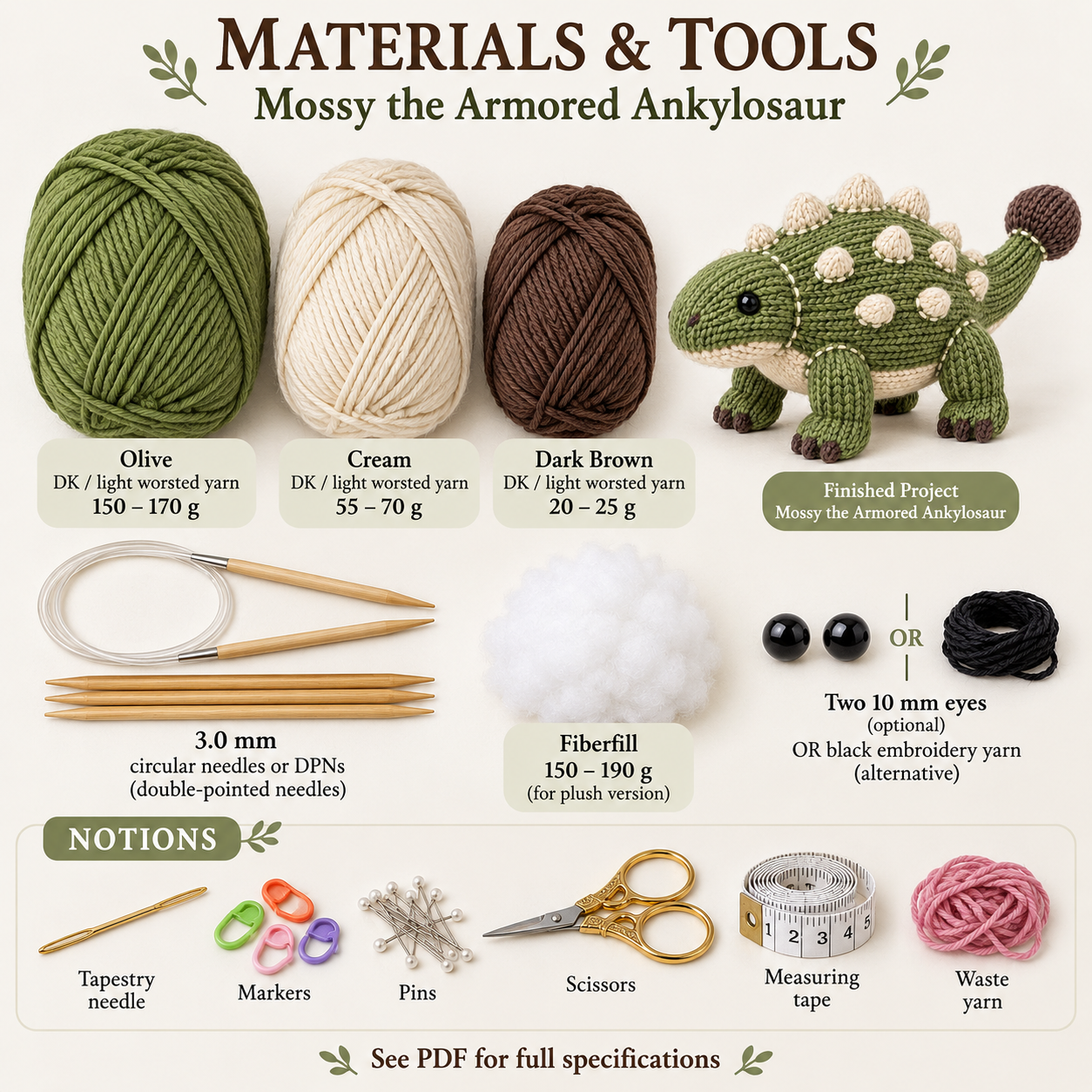 Materials and tools arranged beside the finished project for the ankylosaur knitting pattern.