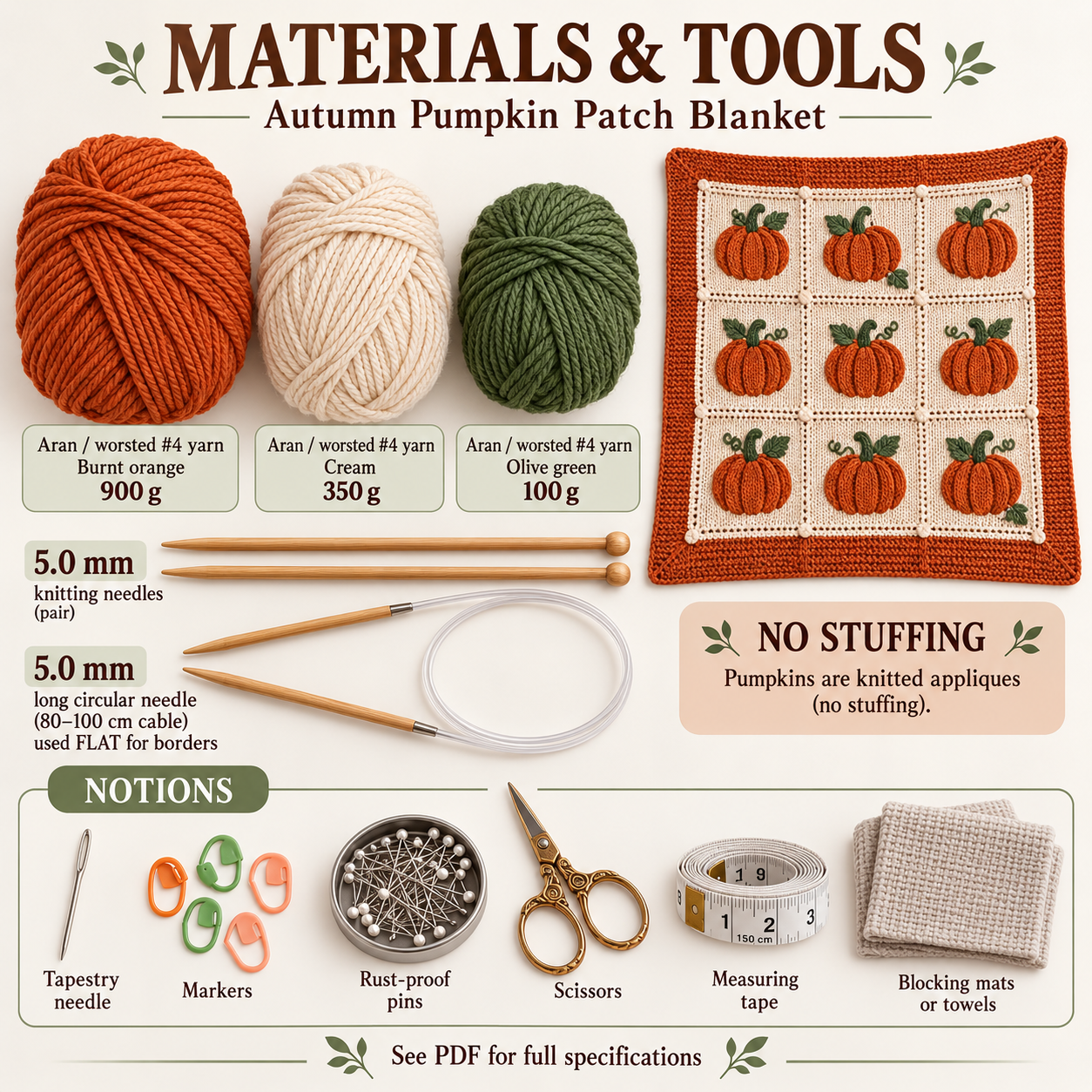 Materials and tools arranged beside the finished project for the pumpkin blanket knitting pattern.