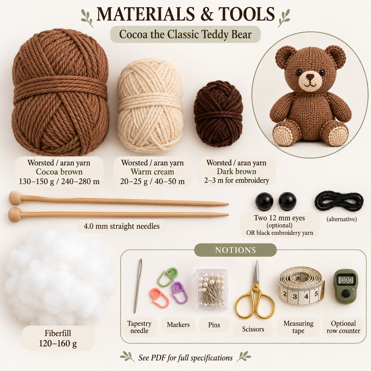 Materials and tools arranged beside the finished project for the teddy bear knitting pattern.